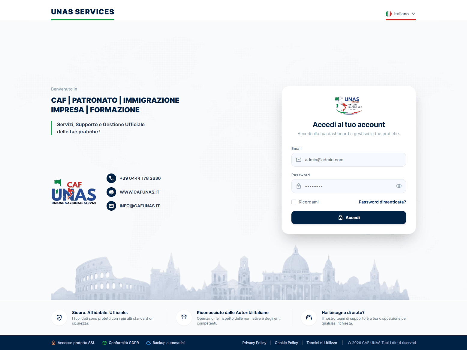 Bilingual Secure Access Portal (Italiano / English) with GDPR & SSL Assurance